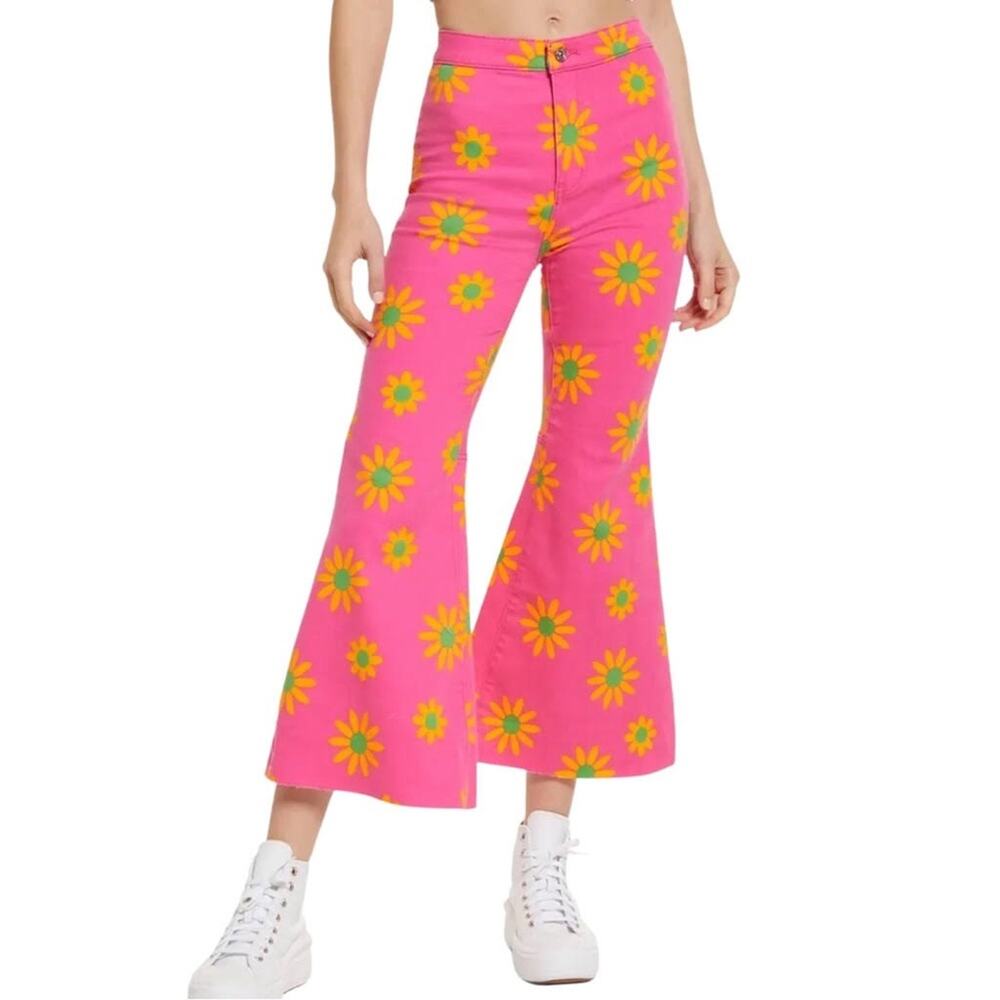 Free People Pink Lipstick Combo Floral Print High Rise Flare Jeans Women’s 28 - Picture 2 of 13
